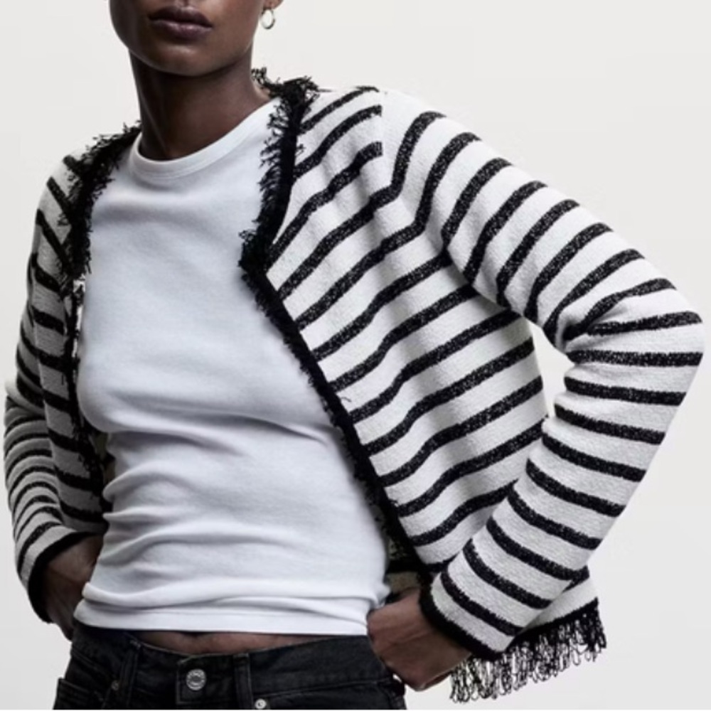 MANGO Frayed Striped Cardigan - B&W - Medium